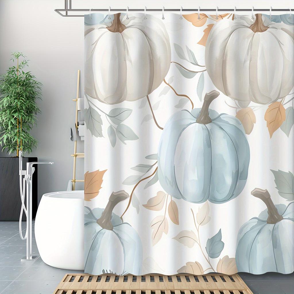 Watercolor Autumn Shower Curtain - Blue Pumpkin & Maple Leaf Design, Cartoon Vegetables Theme, Grommet Top, Hooks Included