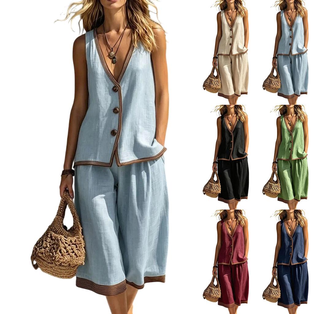 Women Sleeveless Button Front Vest Top and Loose Fit Wide Leg Pants Two Piece Set Casual Linen Blend Summer Outfit