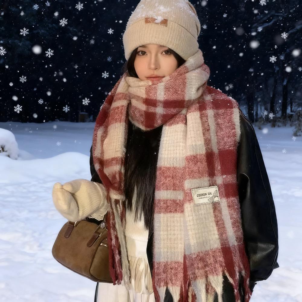 Розовый клетчатый мохеровый шарф женский новый зимний корейская атмосфера теплый универсальный шарф-платок женский