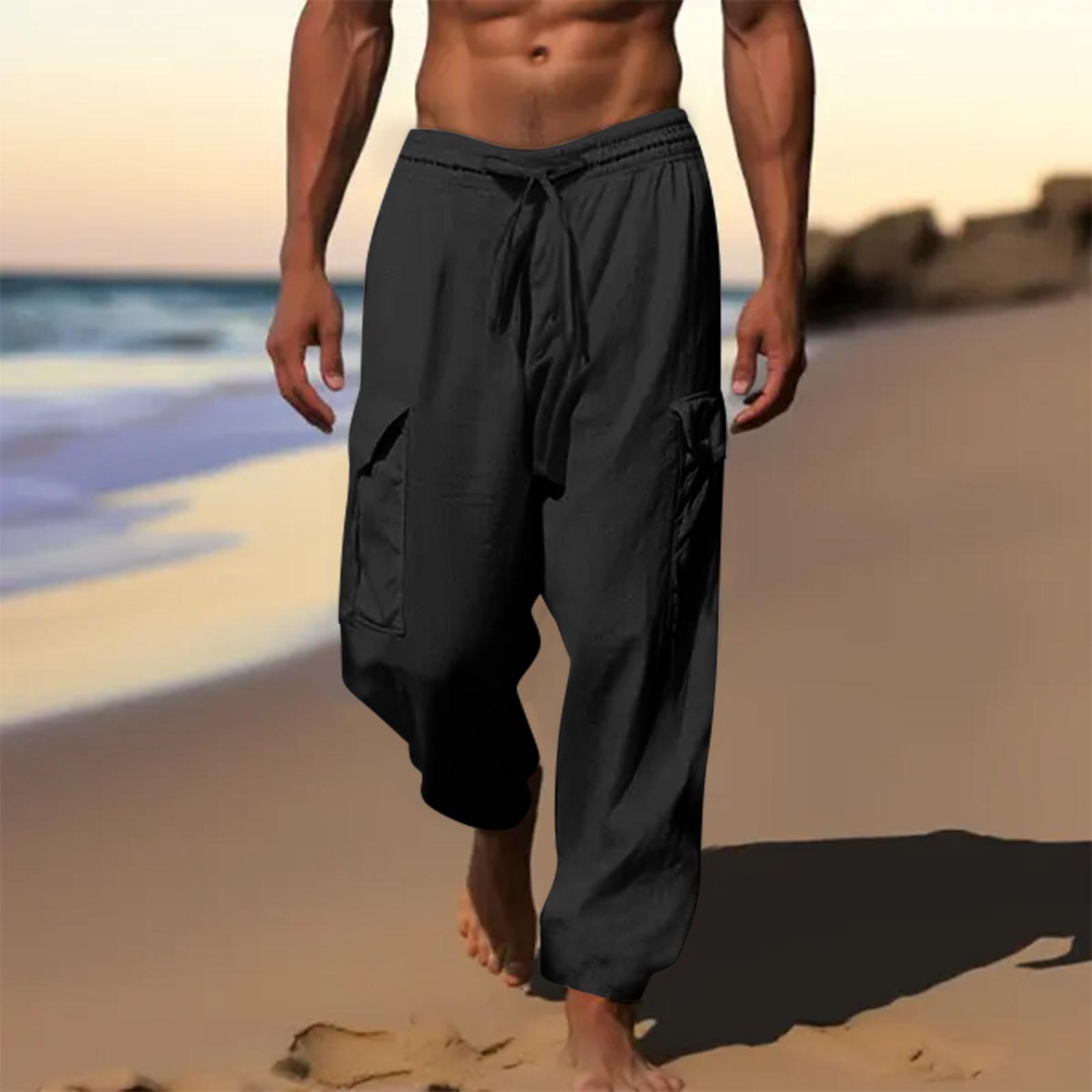 

Мужские повседневные свободные и удобные повседневные брюки, хлопковые льняные брюки с принтом на шнуровке L чёрный