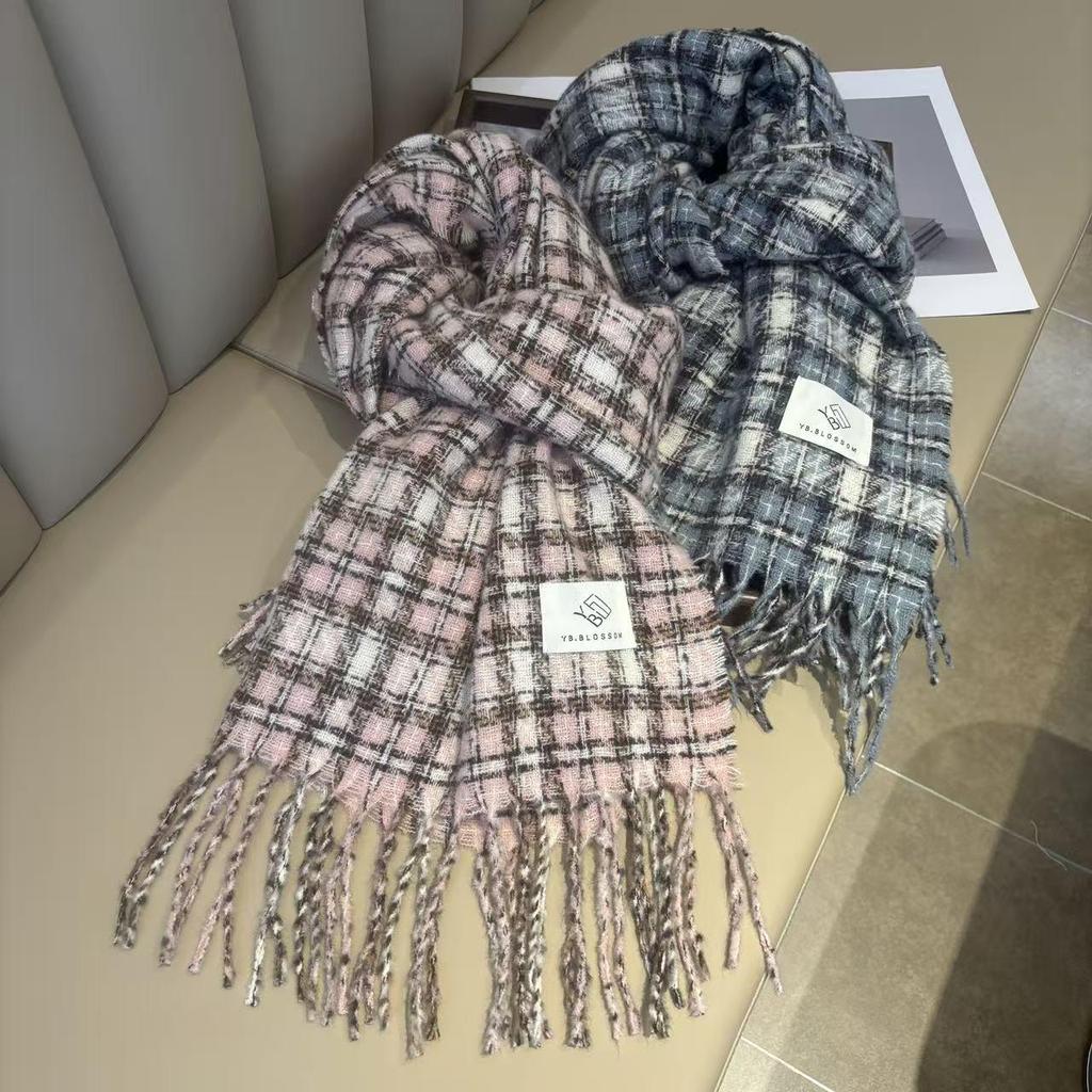 2025 Autumn/Winter Pink-Brown Plaid Tassel Scarf - Women's Chunky Knit Shawl, Warm & Versatile Whitening.
