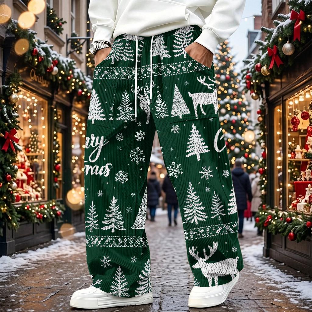 Pantaloni da uomo casual in velluto a coste, vestibilità larga, gamba dritta, con stampa natalizia e vita elasticizzata