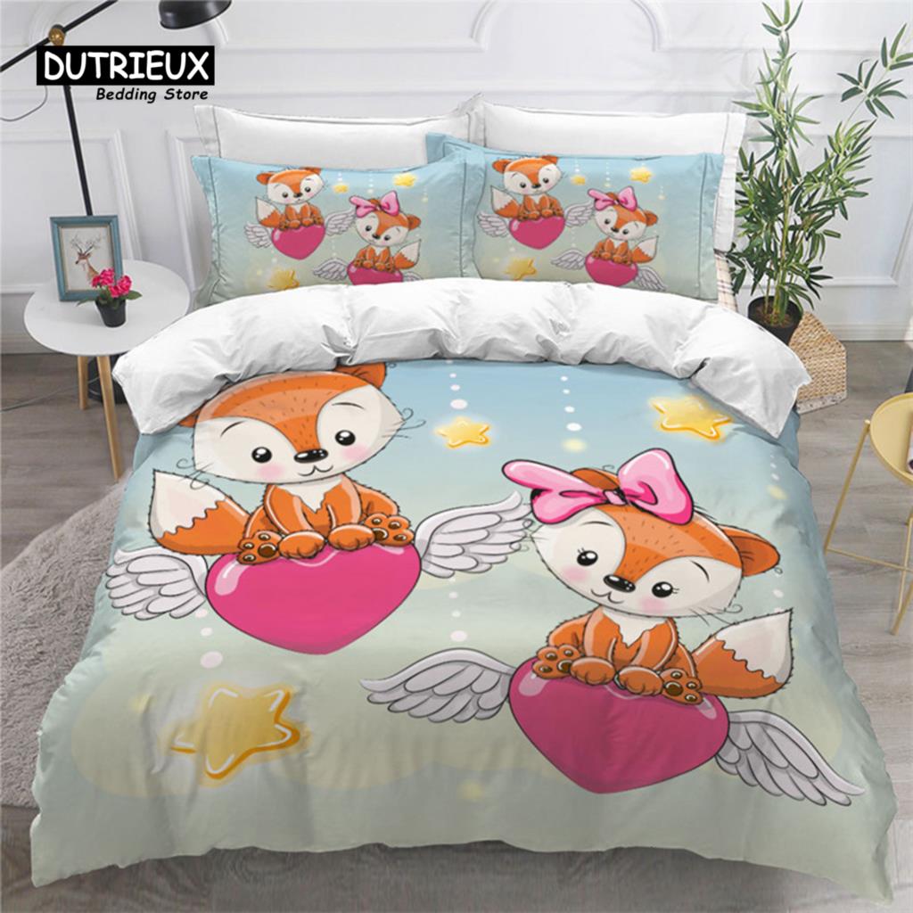 Kids Cartoon Fox Duvet Cover Microfiber Bedding Set Lovely Animal Theme Comforter Cover King For Kids Adults Girls Bedroom Decor