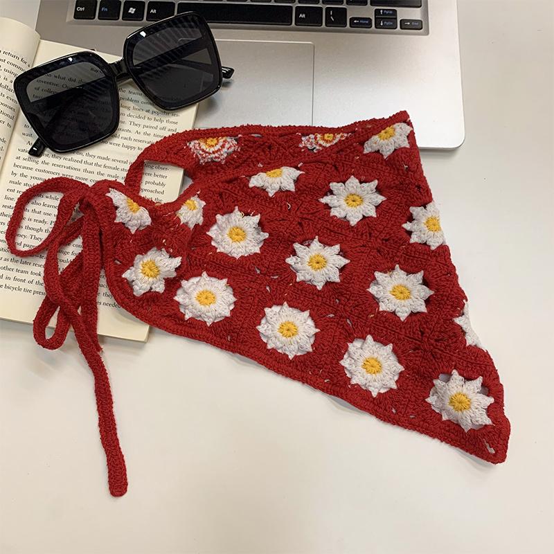 Spring and Autumn Sweet and Cute Wind Handmade Knitted Headband Female Personality Crochet Literary Style Triangle Scarf Headscarf