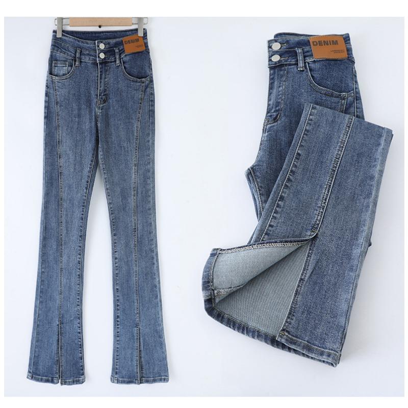 Damskie Wiosenne Nowe Wyszczuplające Wszystko w Jednym z Wysokim Stanem Rozcięte Jeansy Mop Rozwidlone Slim Fit Mikro Rozkloszowane Spodnie