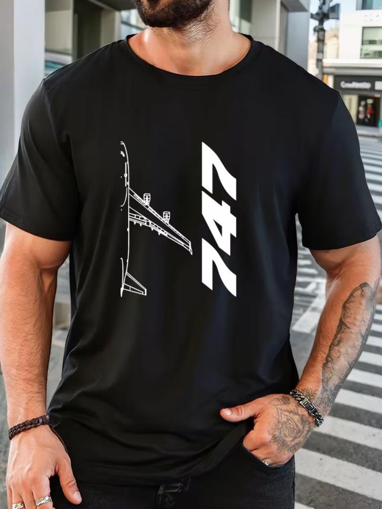 Men's 747 Airplane Print T-Shirt Aviation Themed Short Sleeve Round Neck Tee Suitable for Summer Men's T-shirts for Summer