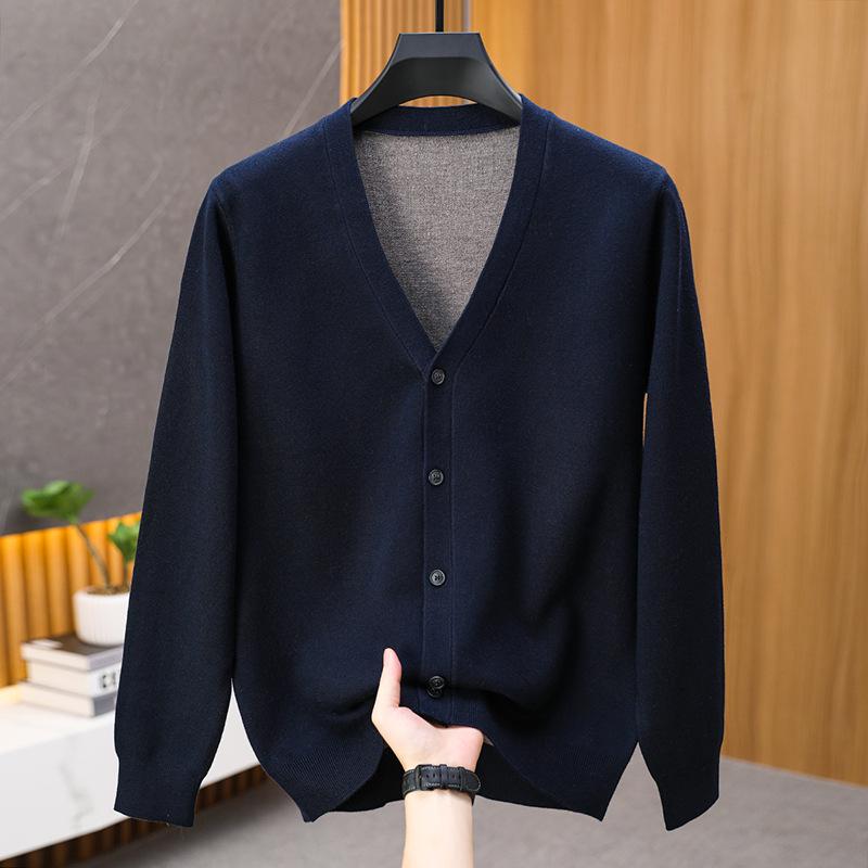 Men's Thick Wool Deep V-Neck Cardigan for Autumn/Winter - Double-Sided Style for Middle-Aged and Elderly