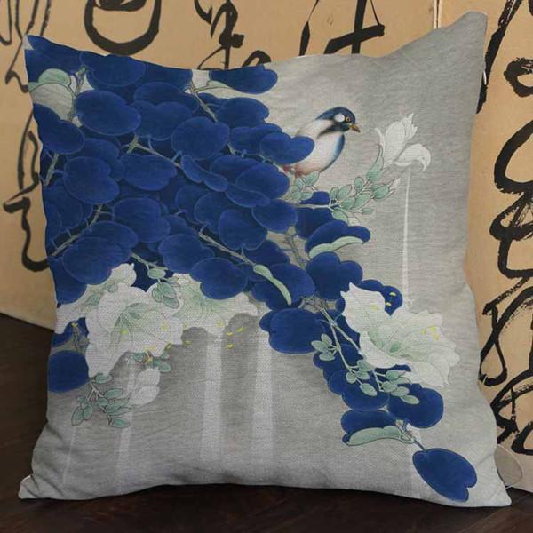 Chinese Style Vintage Ink Painting Flowers Bird Lotus Cotton Linen Decorative Cushion Cover Car Sofa Home Decoration Pillow Case