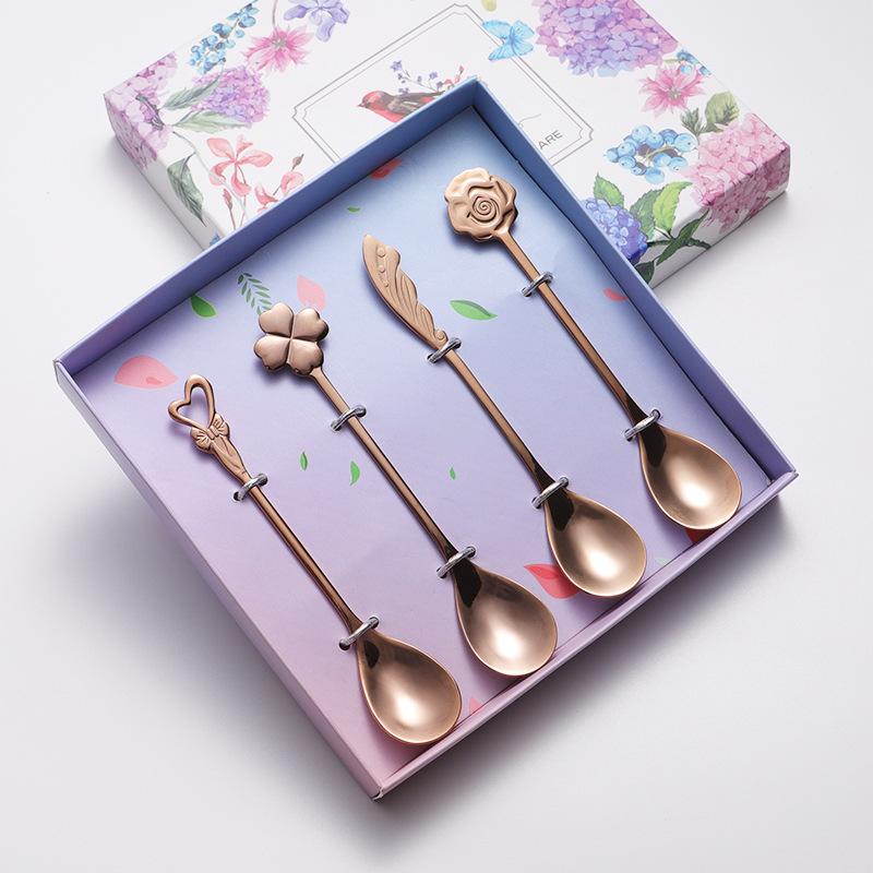 304 Stainless Steel Coffee Spoon Wedding Four-piece Gift Box Love 4 Flower-shaped Titanium-plated Gold Colorful