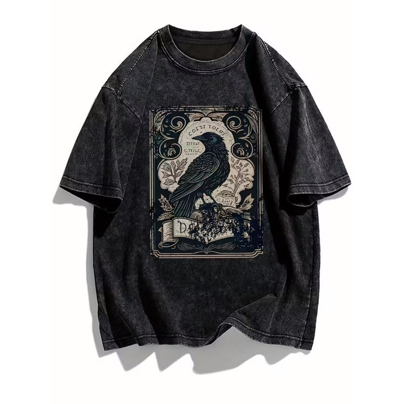 Vintage Gothic Raven Print T-Shirt Unisex Washed Crew Neck Oversized Tee Men Women Y2K Streetwear Short Sleeve for Daily Wear