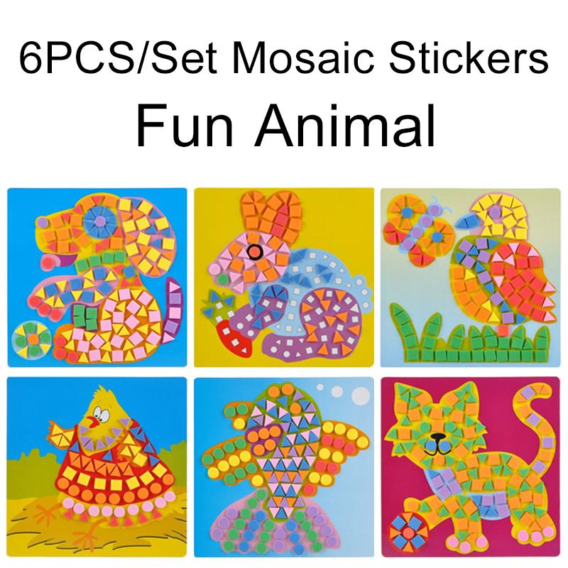 6Sheets/Set Random Mosaic Cartoon Stickers Self Adhesive Handmade Artclass Props DIY Stationery Fun Rewards School Accessory ZYF