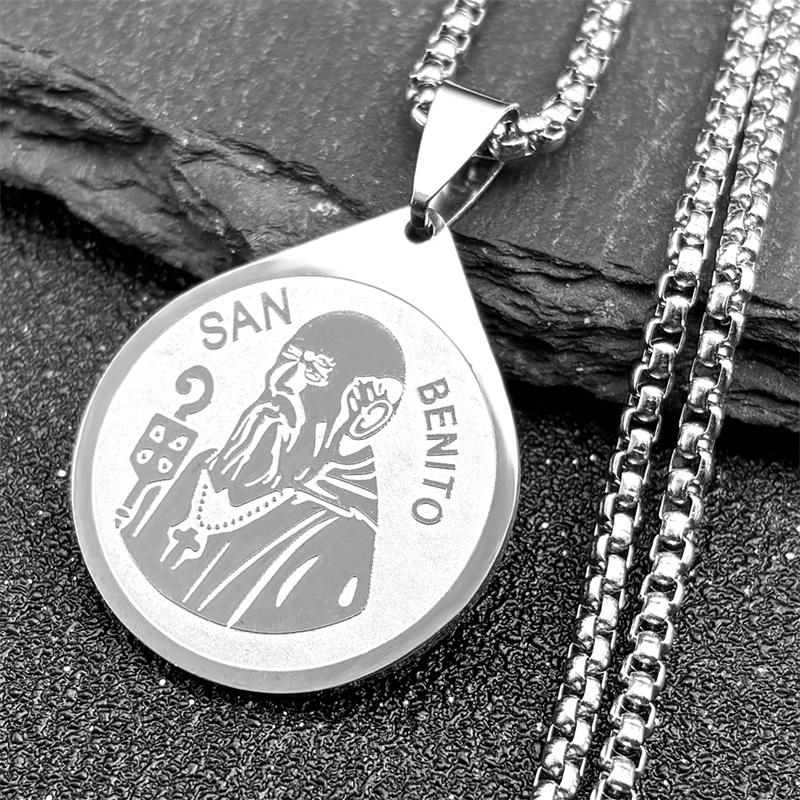 Catholic Medal of San Benito Necklace for Women Men Stainless Steel Gold Silver Color St. Benedict Medallion Collar Jewelry
