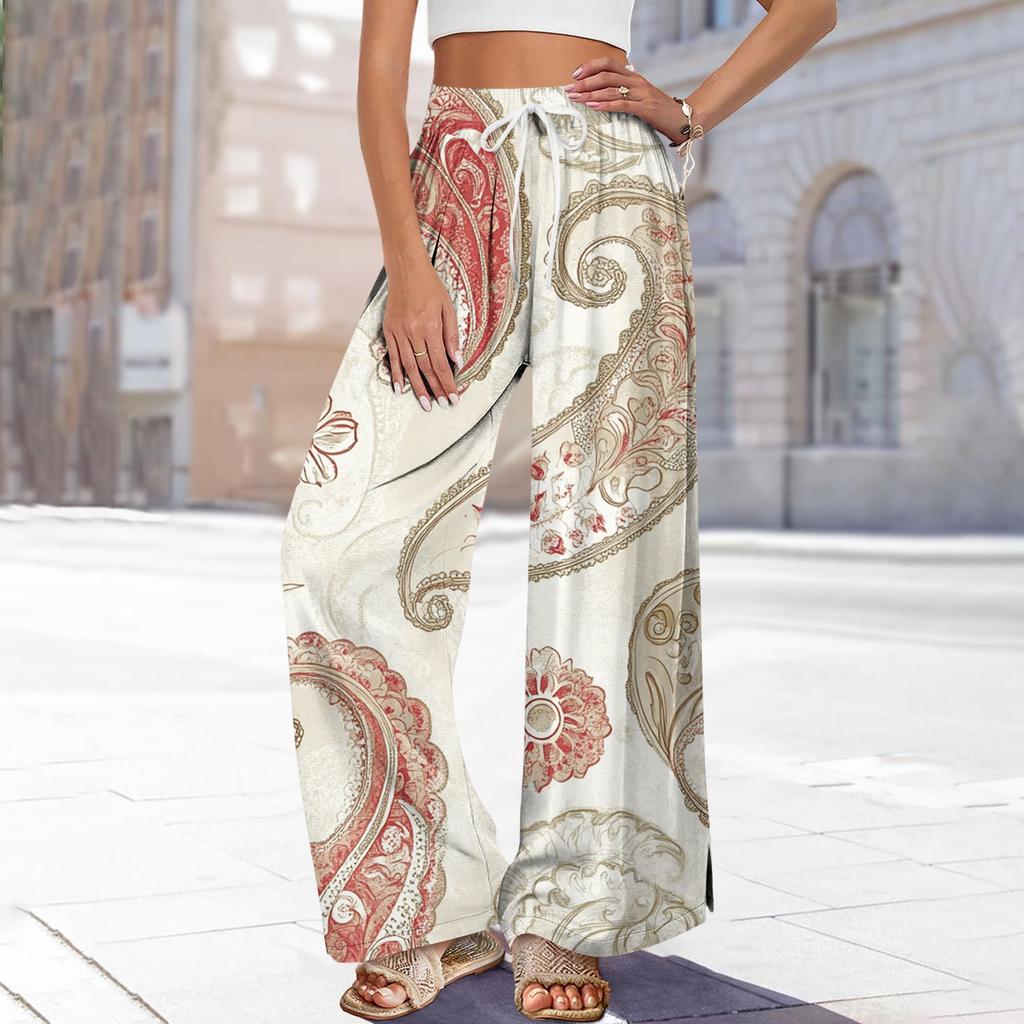 Women's Printed Wide Leg Pants With Pockets High Waist Drawstring Loose Casual Pants