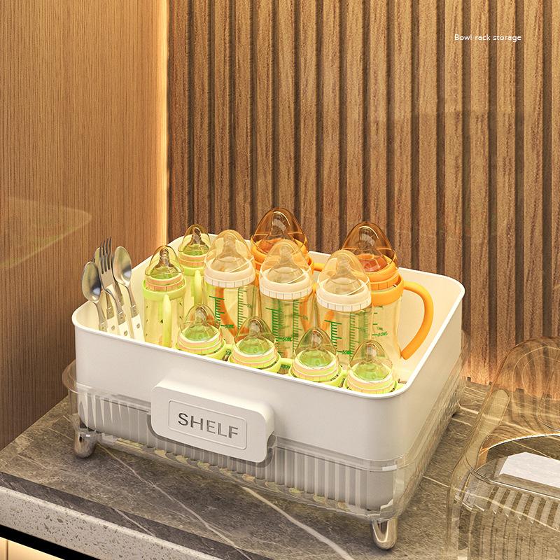 Kitchen Drain Rack, Large-capacity Dishware Storage Box, Dust-proof with Cover, Countertop Tableware Storage and Organization