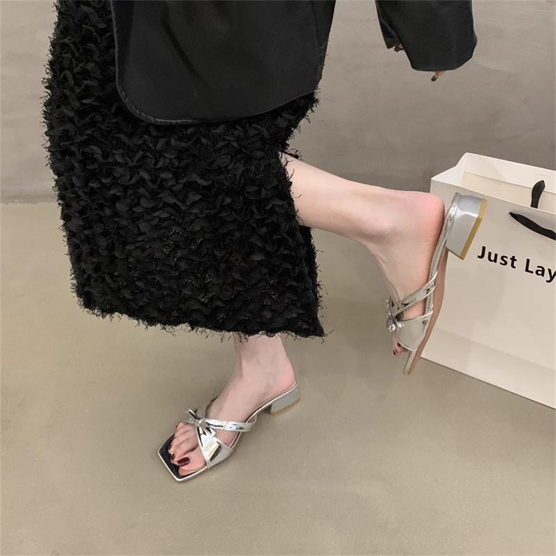 Fashion Female Shoes Square heel Ladies' Slippers Low Luxury Slides Butterfly-Knot 2025 Block Summer Silver Designer Scandals Butterfly-
