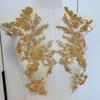 1pair Elegant Gold Bridal Gown Lace Back Neckline Embellishment Beaded and Sequined Applique Patch for Back of Dress