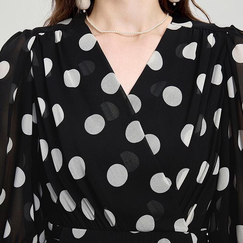 French Elegant Polka Dot Chiffon V-Neck Midi Tea Dress