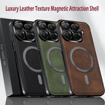Luxury PU Leather Phone Case For Xiaomi 15T Pro Magsafe Magnetic Metal Ring Lens Protection Sturdy Shockproof Cover For MI 15T