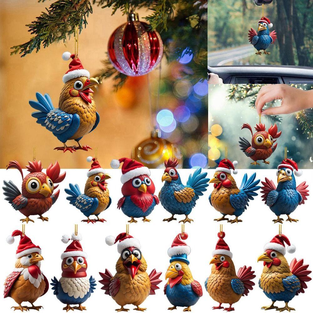 2D Christmas Rooster Ornament Cartoon Car Chicken Pendants Flat Rooster Pendant  Party Supplies