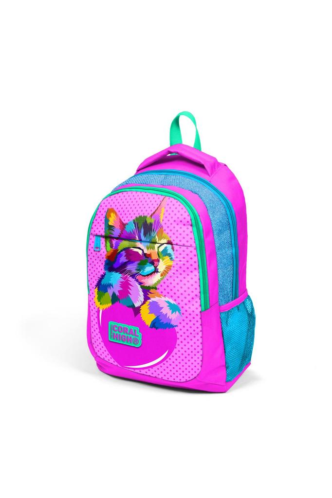 Coral High Kids Pembe Mavi Simli Kedi Desenli Üç Bölmeli Okul Sırt Çantası 14387