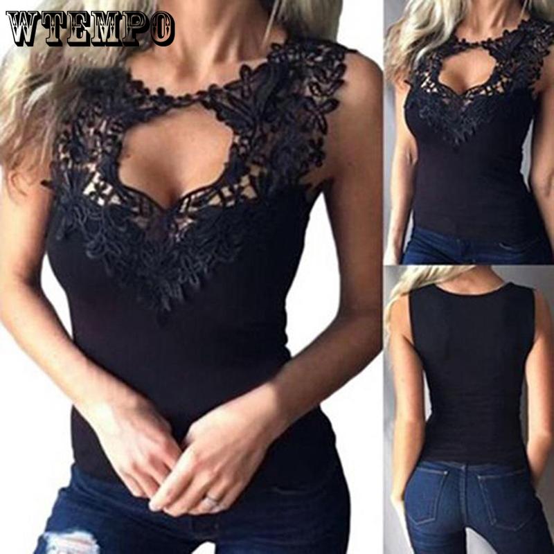 WTEMPO Women Clothing Sexy Solid Color Hollow Out Patchwork Lace Sleeveless Bodycon Vest Top