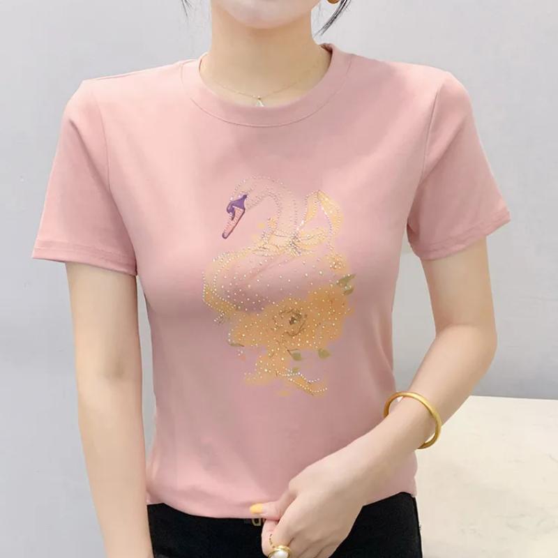 Classic Women's Shiny Cartoon Swan Hot Diamonds O-Neck T-Shirt Summer Office Lady Cotton Tops Clothes New Fashion Flower Fairy Tees