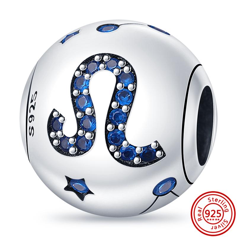 S925 Sterling Silver Blue Zircon Stars 12 Constellation Shiny Round DIY Beads Fit Original  Charms Bracelet Luxury Jewelry