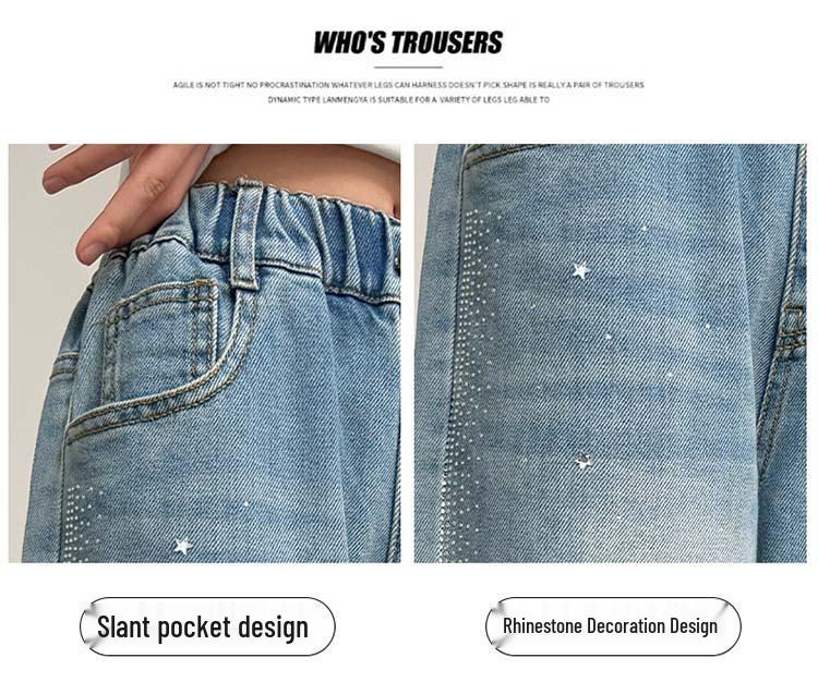 Girls' Autumn 2026 Wide Leg Rhinestone Jeans - Children's Straight Leg Trousers for Middle and Older Girls.