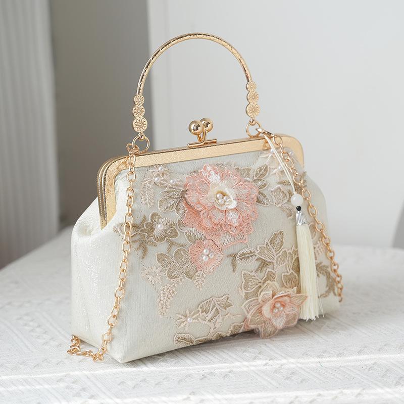 Pearl Embroidery Fashion Tote Bag Cheongsam Banquet Clutch Bag Chain Bag Embroidery Bead Bag Shoulder Bag Pearl Chain Bag