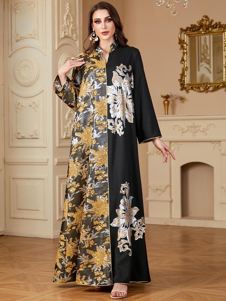 Middle East Muslim Women's Color Block V-Neck Jacquard Dress