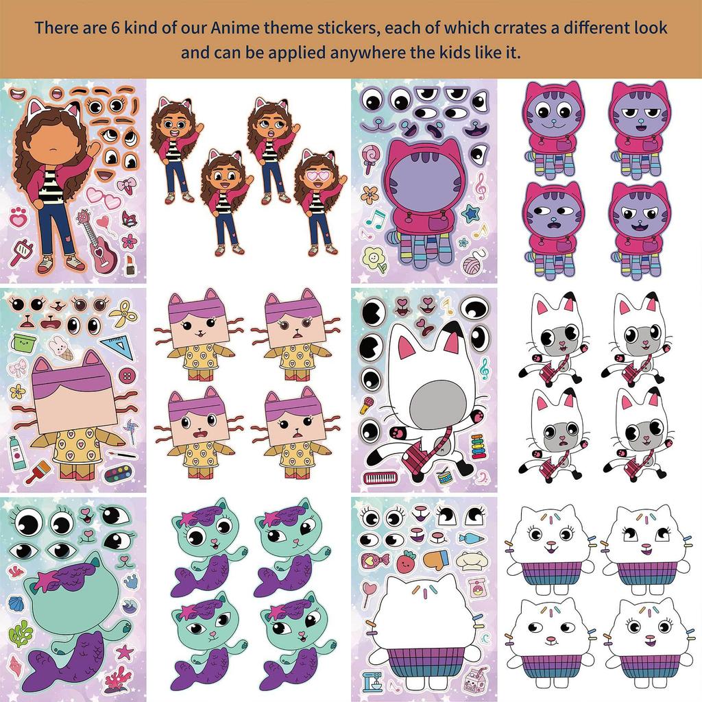 12Sheets Gabby Dollhouse Stickers Make a face Stickers Cartoon Girl and Cat DIY Game Children Cartoon Jigsaw Education Toys Gift
