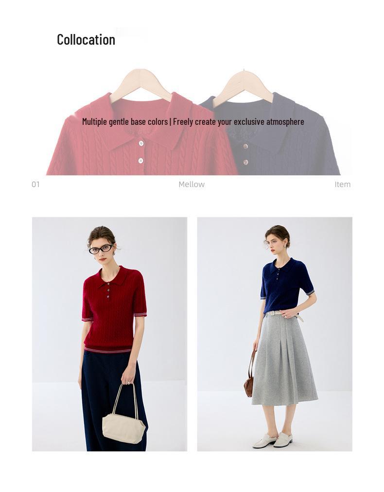 Women's Cashmere Lapel Stripe Patchwork Polo Pullover - Autumn/Winter Collection