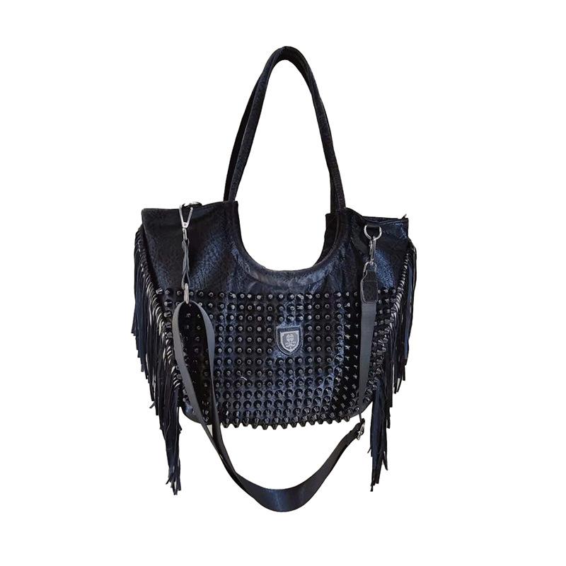 2024 New Shoulder Women's Bag Fashion Casual Rivet Versatile Soft Leather Single Shoulder Large Capacity Bag with Tassel