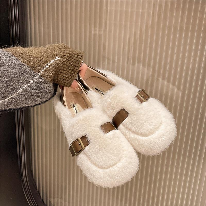 Buckle Mao Mao Shoes Women's 2025 Autumn and Winter New Plush One Pedal Pregnant Women Soft Sole Warm and Comfortable Doudou Single Shoes