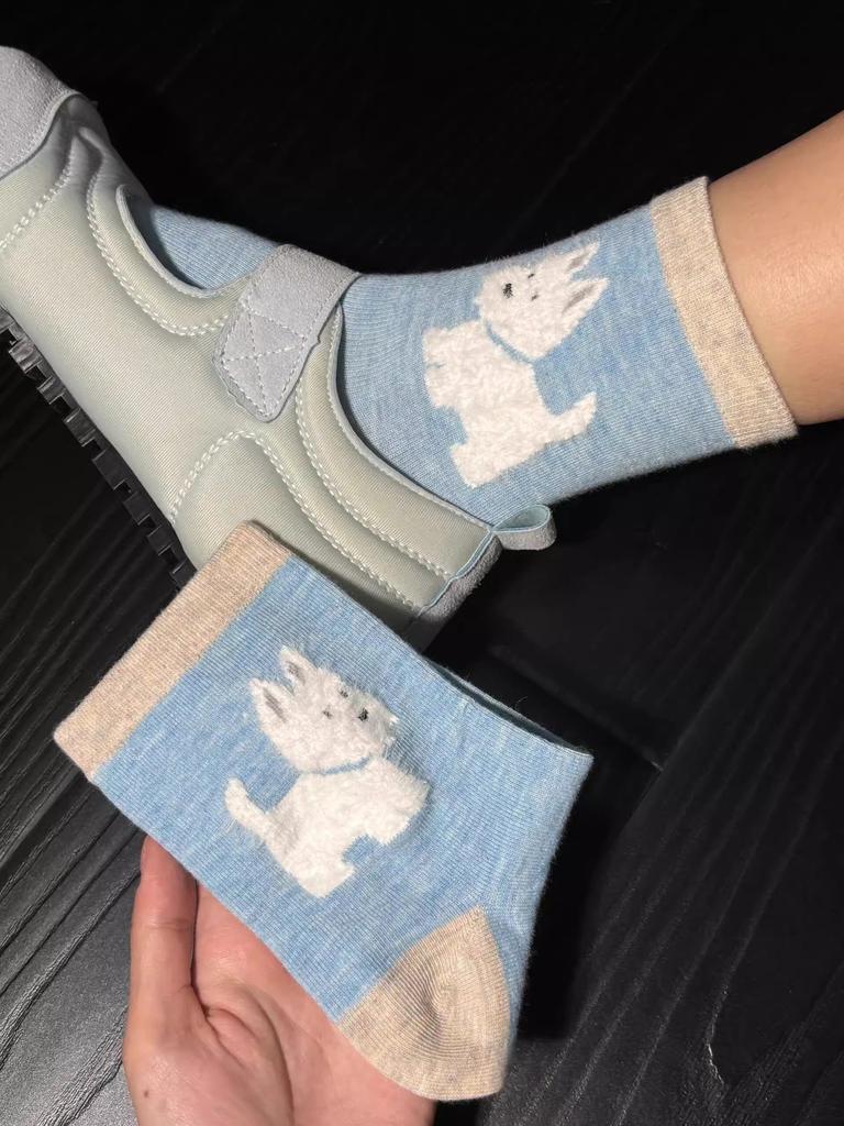 Autumn And Winter Brown Flocked Wool Medium Tube Socks Cute Color Matching Cartoon Dog Thickened Warm Stacking Socks Calf Socks