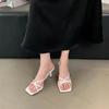 Women's Heel Slippers 2026 Summer New Square Toe Thin Heel Leopard Sandals Elegant Dress Banquet Party Sandals Chanclas Mujer
