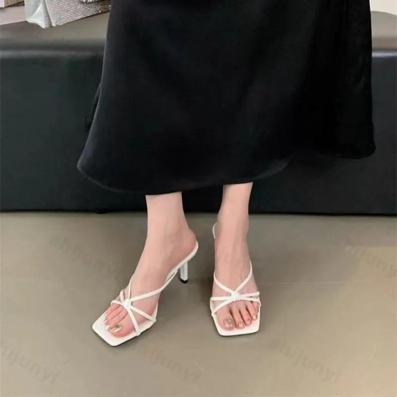 Women's Heel Slippers 2026 Summer New Square Toe Thin Heel Leopard Sandals Elegant Dress Banquet Party Sandals Chanclas Mujer