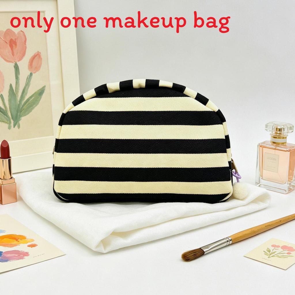 Canvas Striped Half Moon Makeup Bag With Zipper For Travel And Home Storage