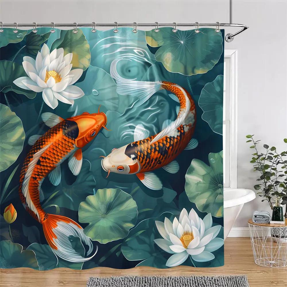 Japanese Style Shower Curtain Koi Fish Cherry Blossom Sun Sea Wave Octopus Landscape Polyester Fabric Curtains Bathroom Decor