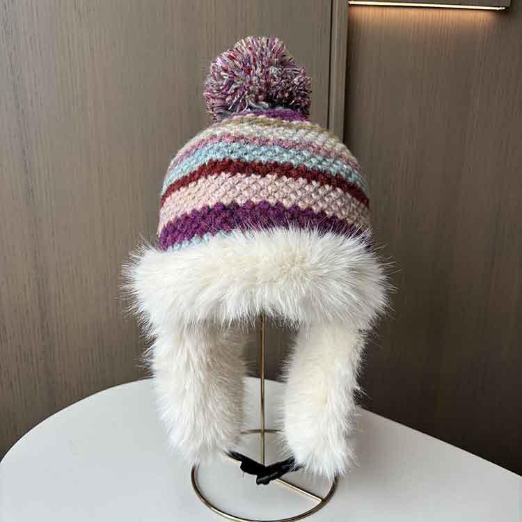 Northeast plush cute ear protection hat women's winter warm knitted wool headgear retro color striped Lei Feng hat
