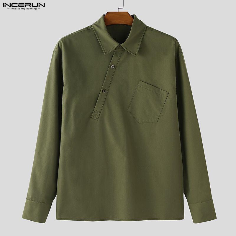 INCERUN Men Lapel Neck Long Sleeve Solid Color Casual Loose Shirts Tops