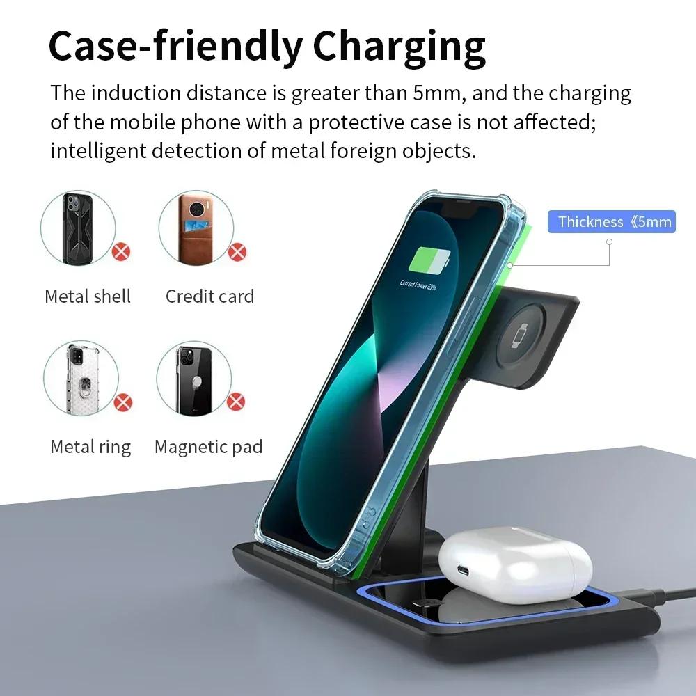 3 In 1 Wireless Charger LED Light Phone Holder Stand For iPhone 15 14 13 12 iWatch 8 7 6 AirPods Foldable Fast Charging Station