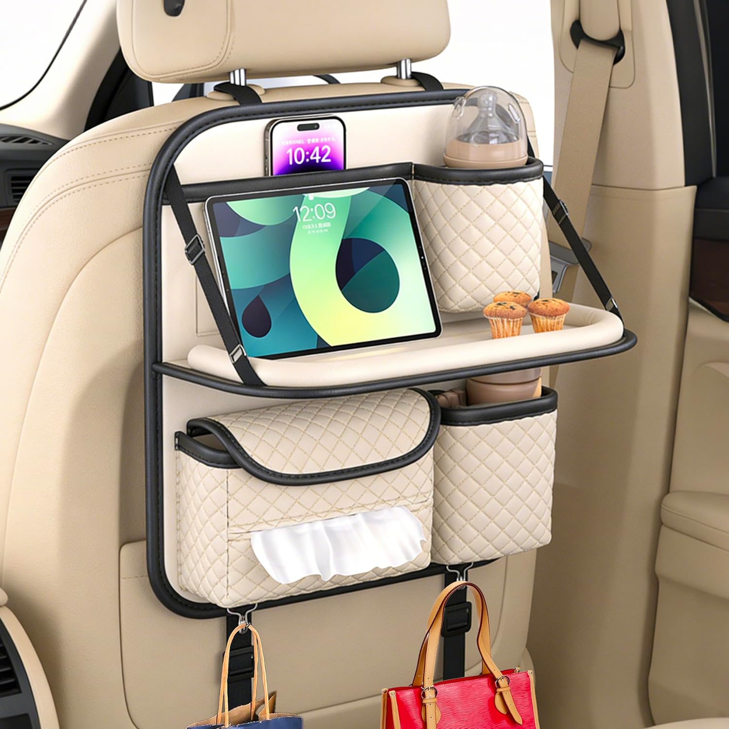 

Leather Backseat Car Organizer with Tray & Cup Holder - Car Seat Organizer for Kids, Women, Road Trip Essentials for SUV and Car белый