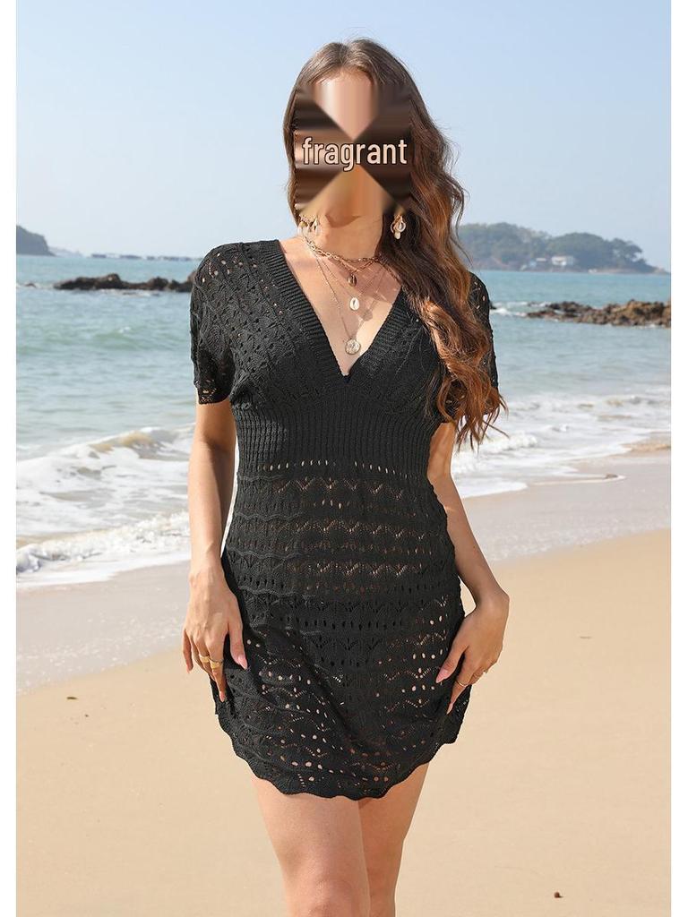 Vestido Cubreplayas Elástico Calado con Patrón de Ondas para Mujer - Cuello en V Profundo Estilo Falda Corta X5967