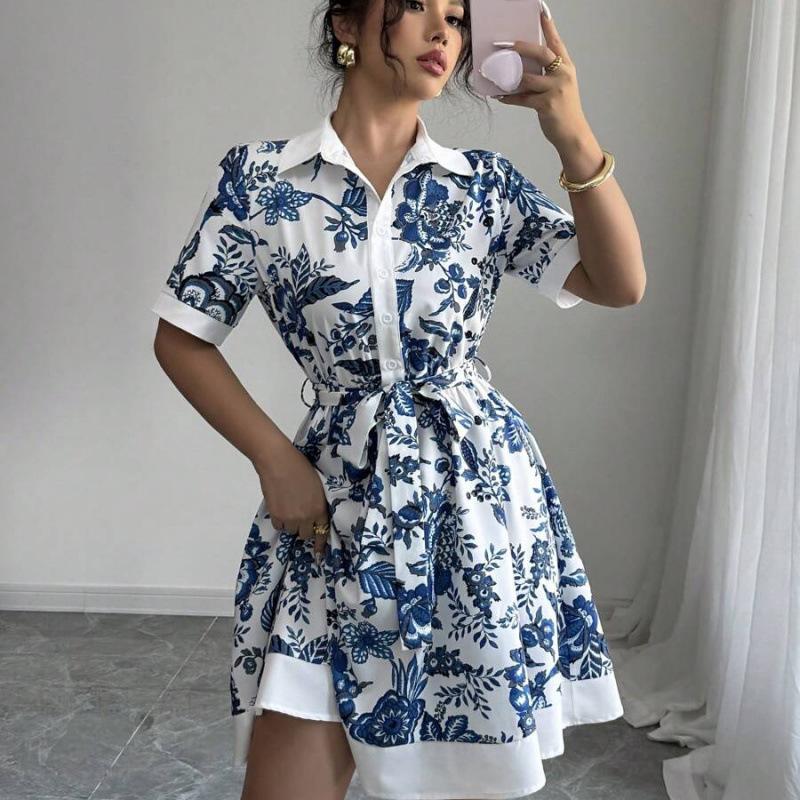 European fashion waist printing strap short-sleeved dress women s 2026 spring new fashion temperament skirt S королевский синий