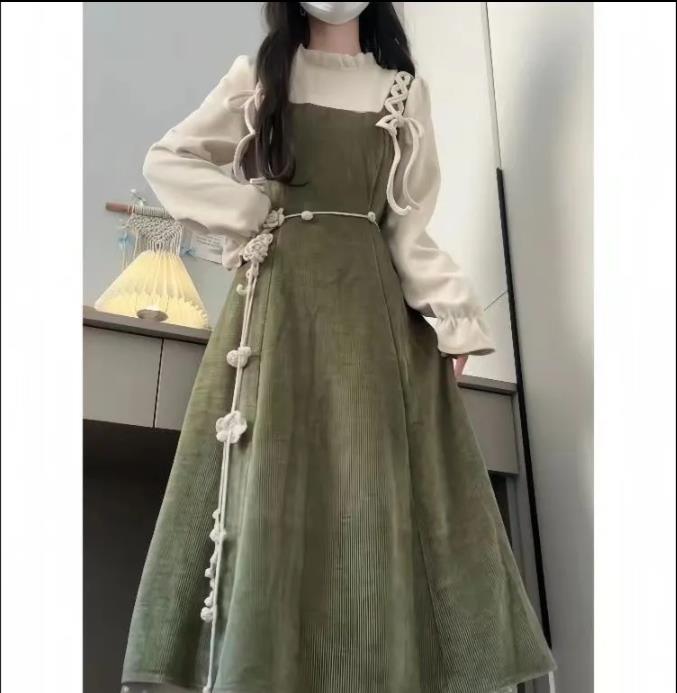 Autumn Women's Korean Style Long Sleeve Base Shirt Tops Waist Cinching Slim Effect Shoulder Strap Dresses Two-piece Set