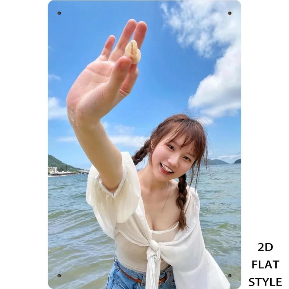 Hisun Tin Sign HD Metal Tin Sign Cute Asian Girl Seaside Portrait Wall Art Decor For Home Bedroom Living Room Decoration