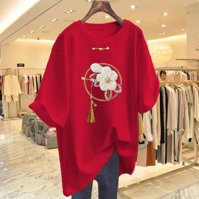 New Chinese Style Pure Cotton Medium and Long Short-sleeved T-shirt Women's Summer New Product Butt-covering and Thin Large-size T-shirt Top