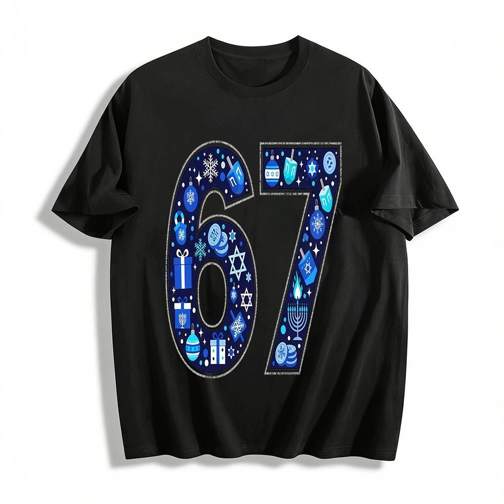Hanukkah Themed Number 67 Print Casual Top Pure cotton T-shirt XXS