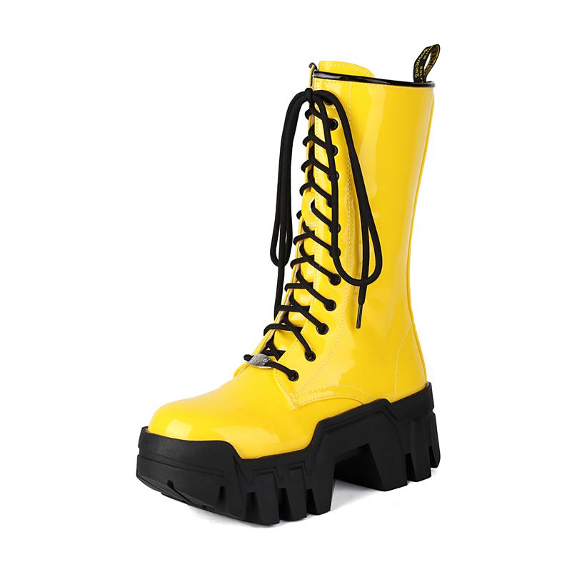 Meotina Women Ankle Boots Round Toe Chunky High Heels Lace-up Zipper Platform Short Boots Ladies Fashion Shoes Winter Yellow 44